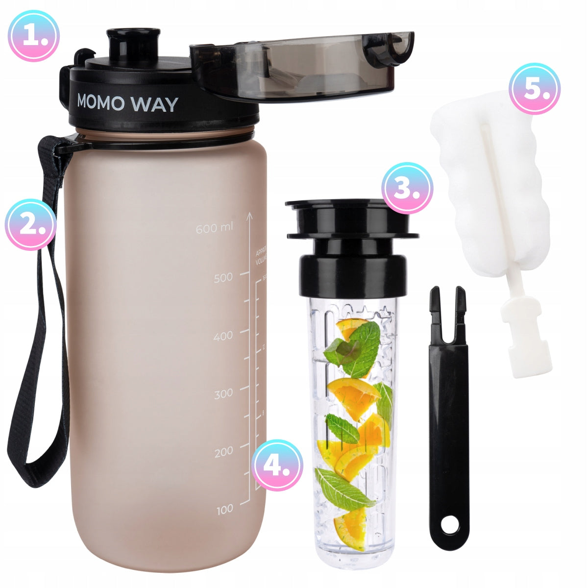 MOMO WAY water bottle powder pink 600ml tritan with measuring cup and mouthpiece Packaging status original