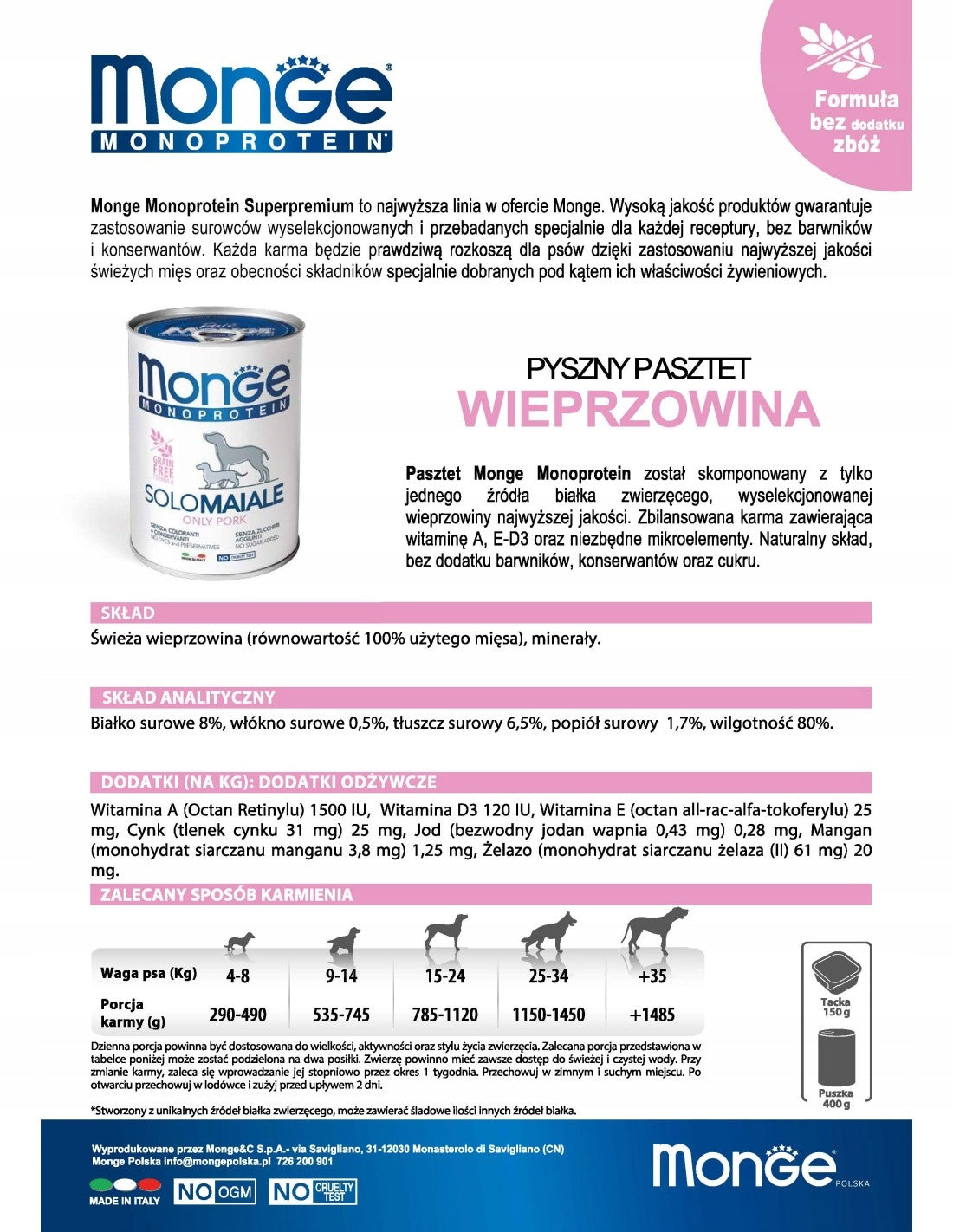 MONGE DOG SOLO PORK 400g Packaging status original