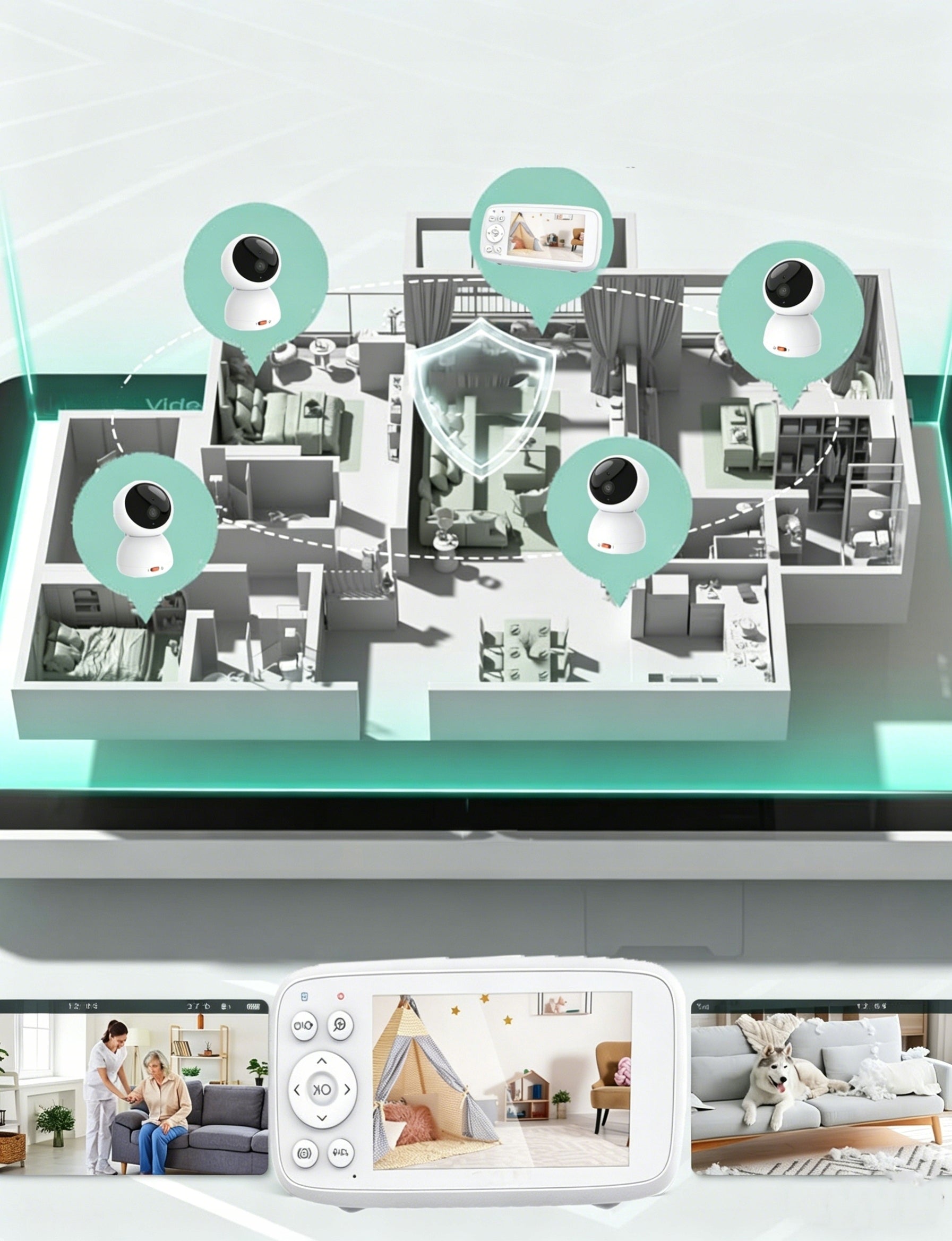 MONITOR NANNY WITH WIFI CAMERA ROTATING MONITOR 4" Rotating-tilting-zoom Manufacturer of a medical device obsługa do 4 kamera,Widok 360°