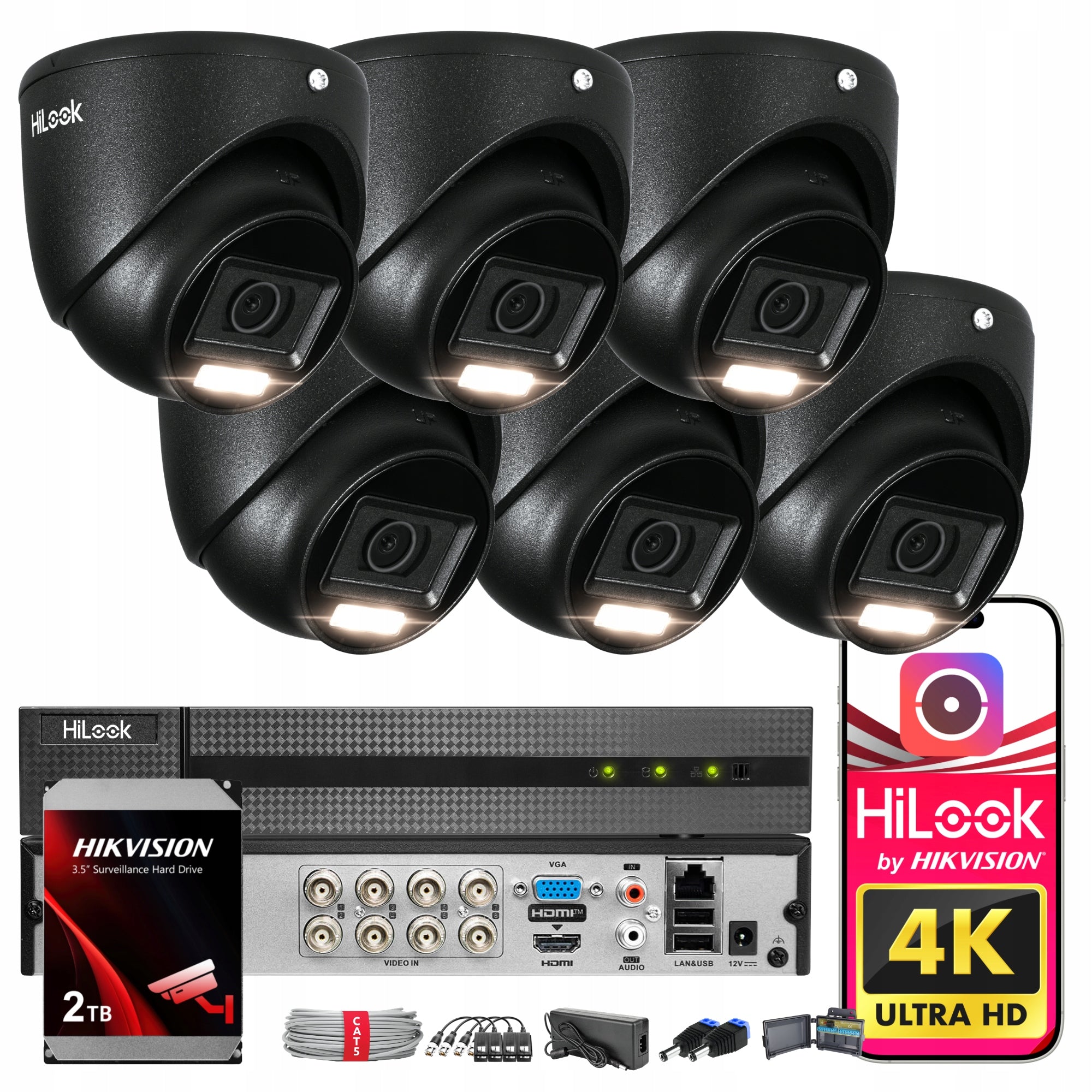 MONITORING KIT 6 CAMERAS TVI-T8M-20DL BLACK 8Mpx TVI CVI AHD HiLook