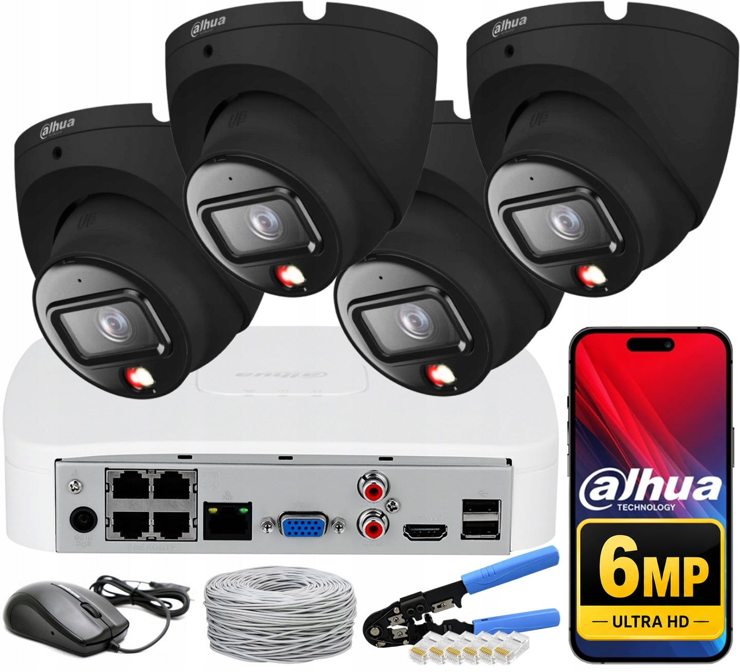 MONITORING KIT DAHUA 6Mpx IP POE 4 CAMERAS IPC-HDW1639T-A-IL BLACK
