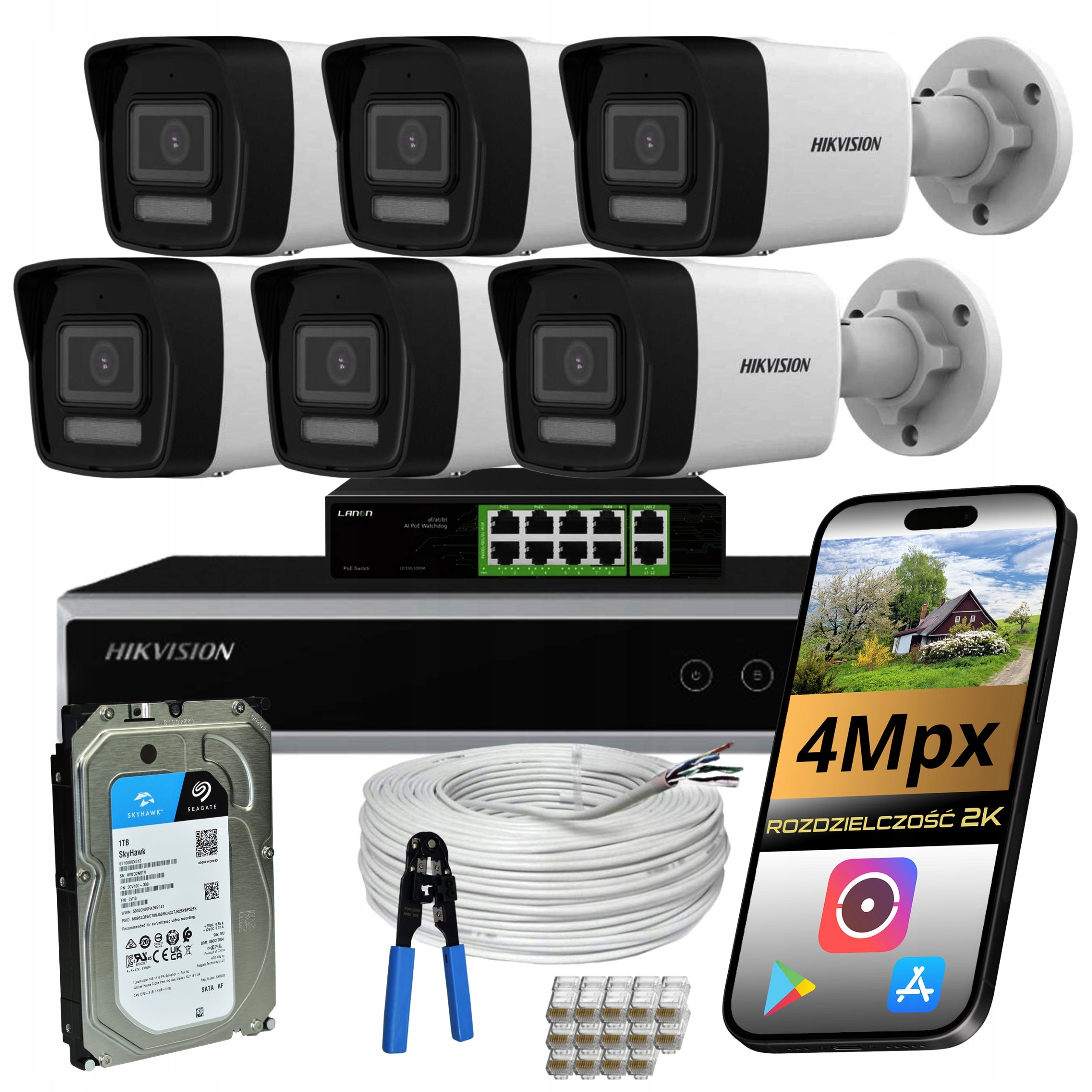 MONITORING SYSTEM 6 POE IP cameras TUBE 4Mpx HIKVISION DUAL IR 1TB