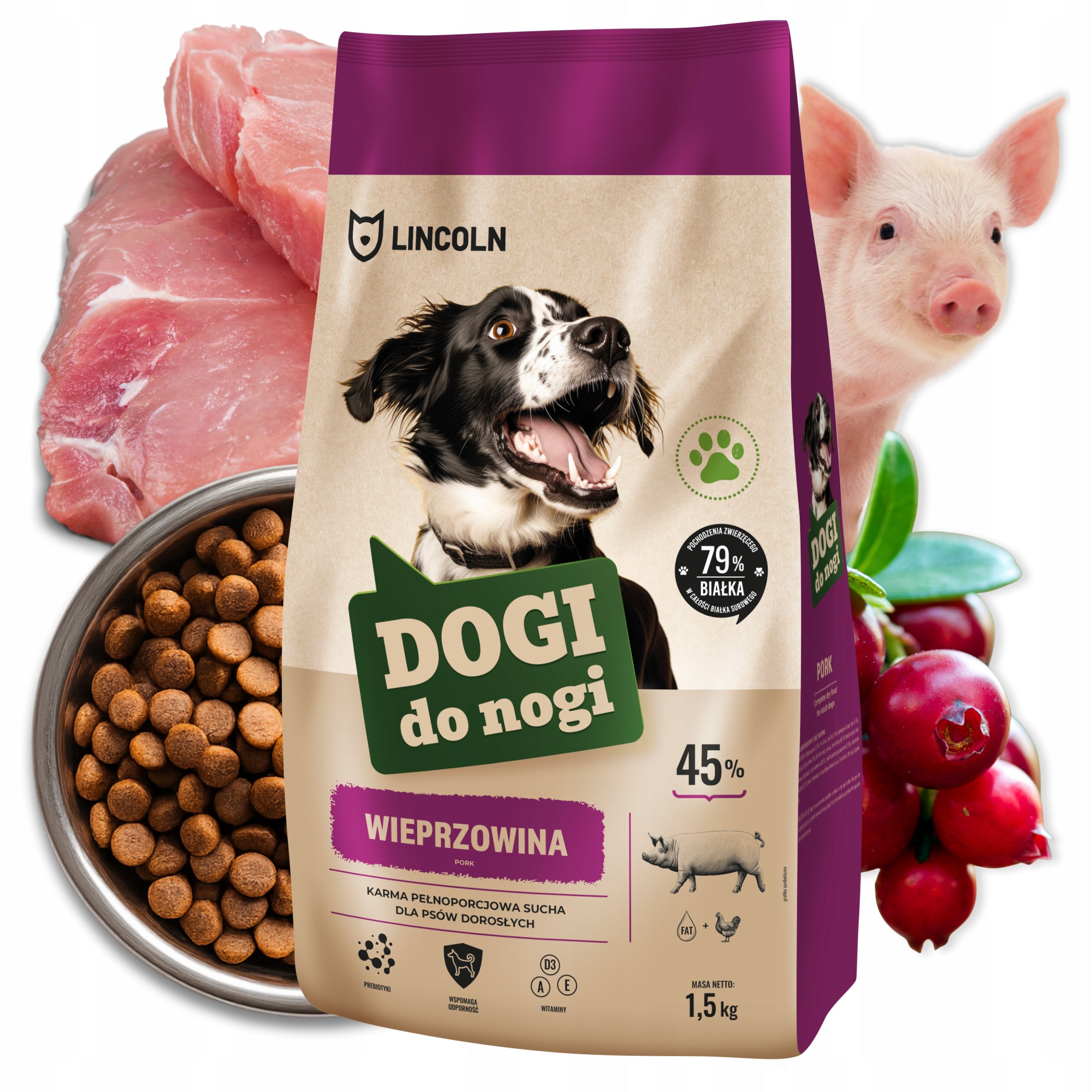 MONOPROTEIN FOOD MEAT 45% PORK 1,5KG FOR DOG LABRADOR SHEPHERD Packaging status original