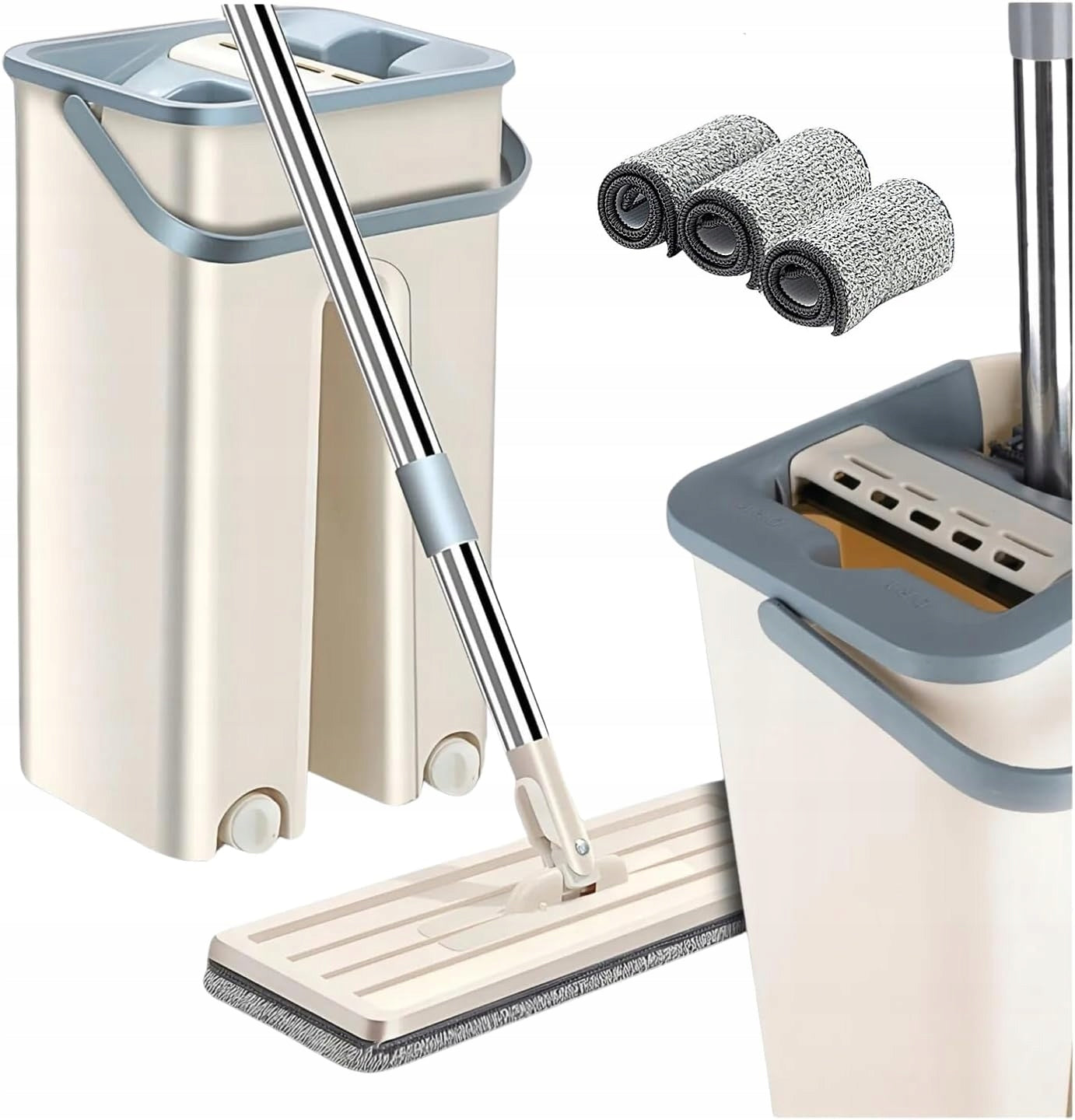 MOP FLAT HANDY TWO-CHAMBER BUCKET WITH SQUEEZER + TELESCOPE STICK + 3 cartridges