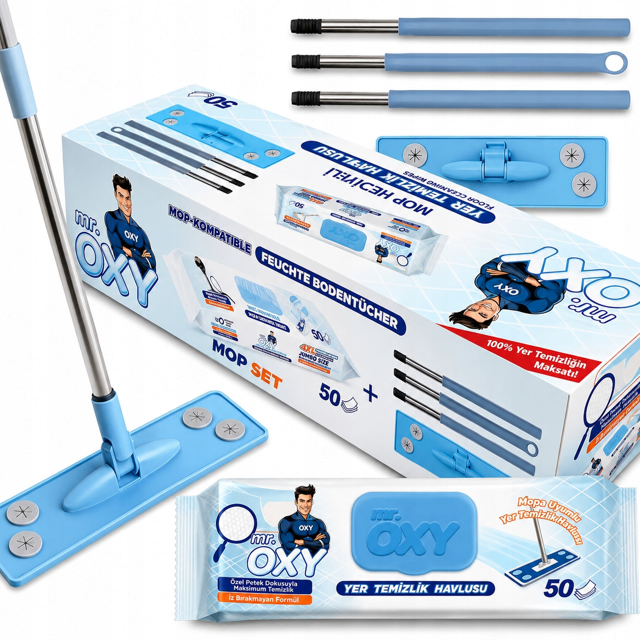 MOP FLAT SET Mr. OXY Clean Telescopic Rotary System 50 Towels