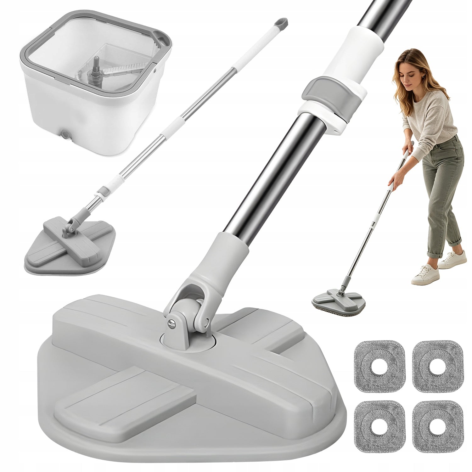 MOP SET WITH TWO-CHAMBER BUCKET AND FOUR MICROFIBER HEADS