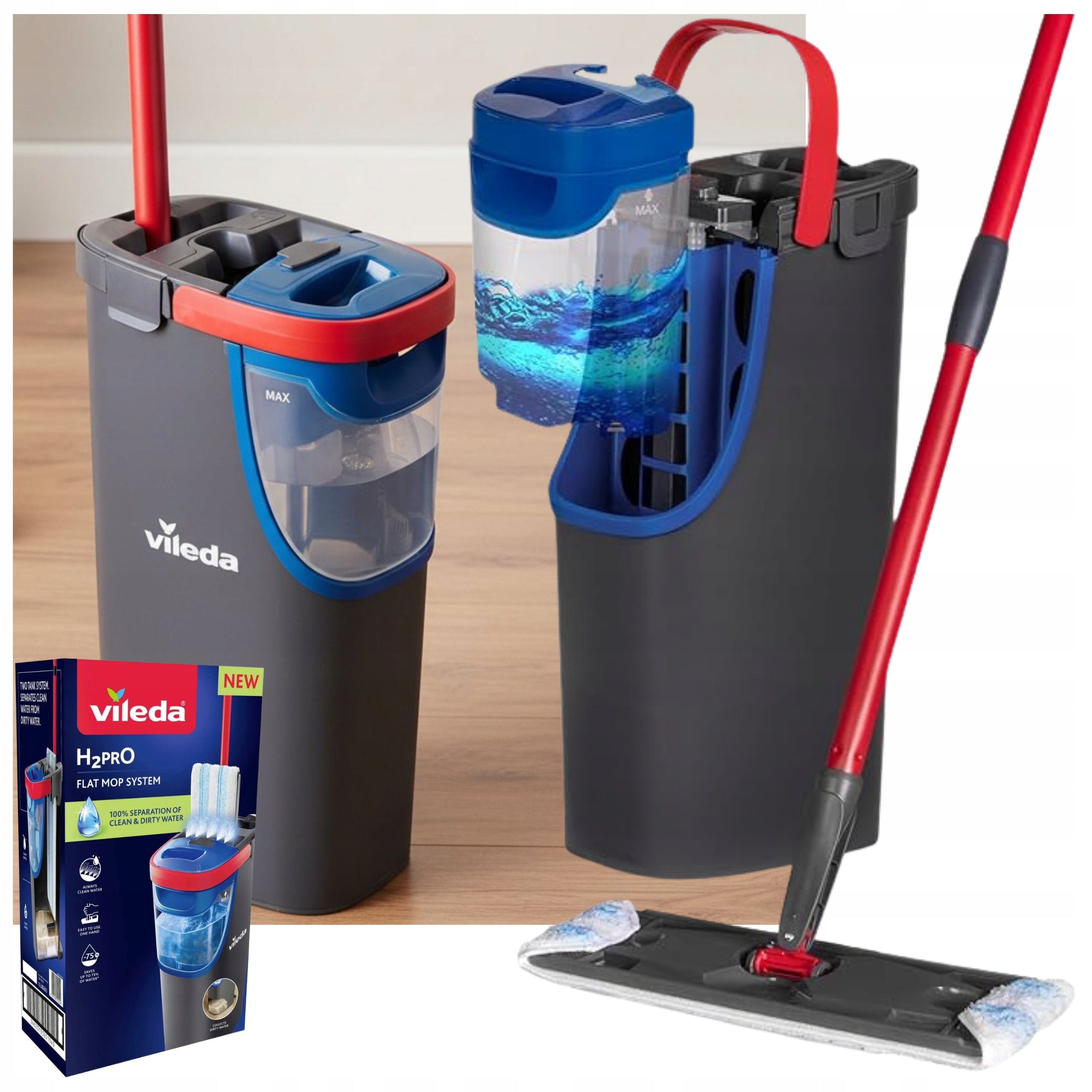 MOP VILEDA FLAT H2PRO SET WITH BUCKET CLEAN DIRTY WATER SLIM COMPACT
