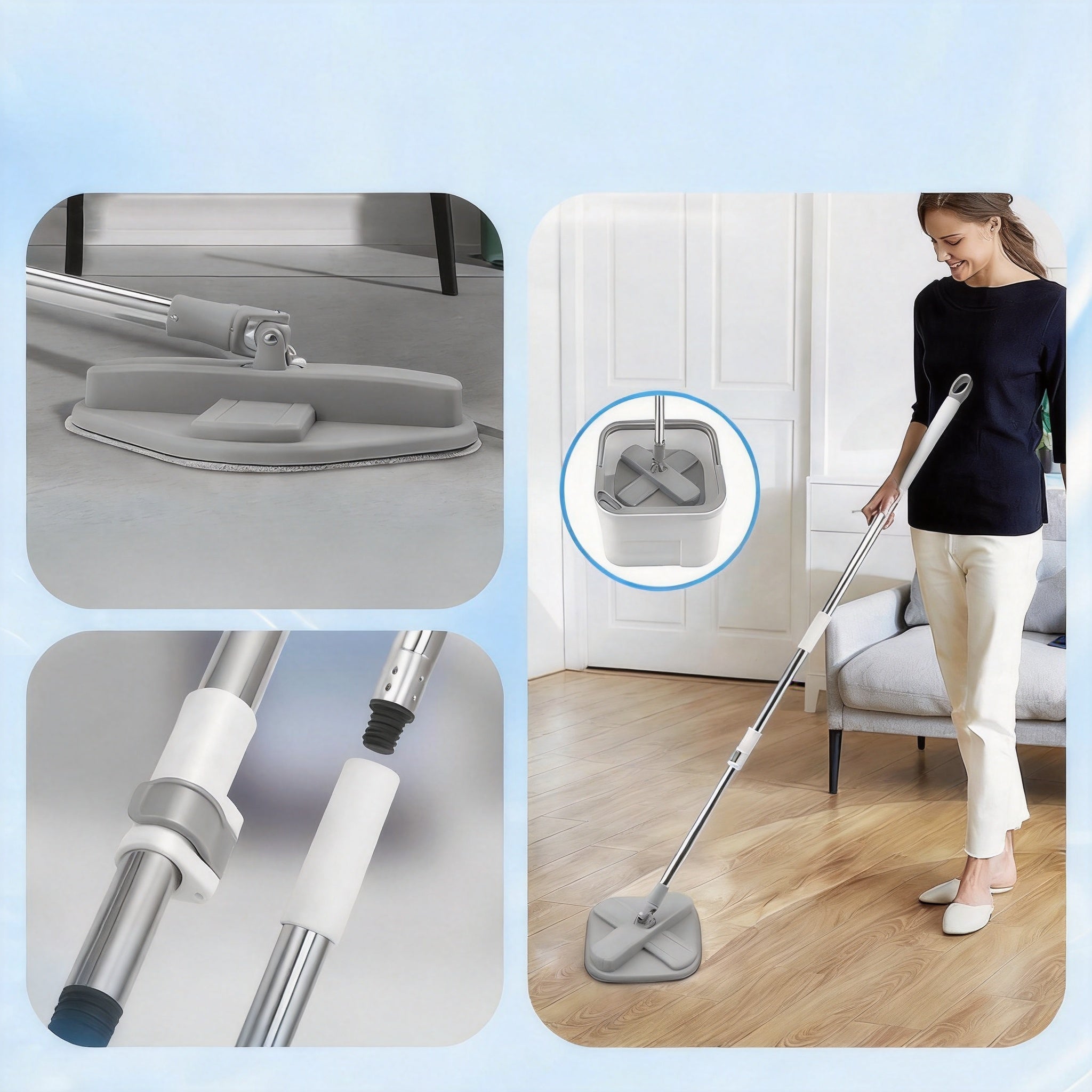 MOP WITH BUCKET WITH SPINNING FUNCTION ADJUSTABLE HEIGHT FOR EVERYONE Product weight with unit packaging 1.46 kg