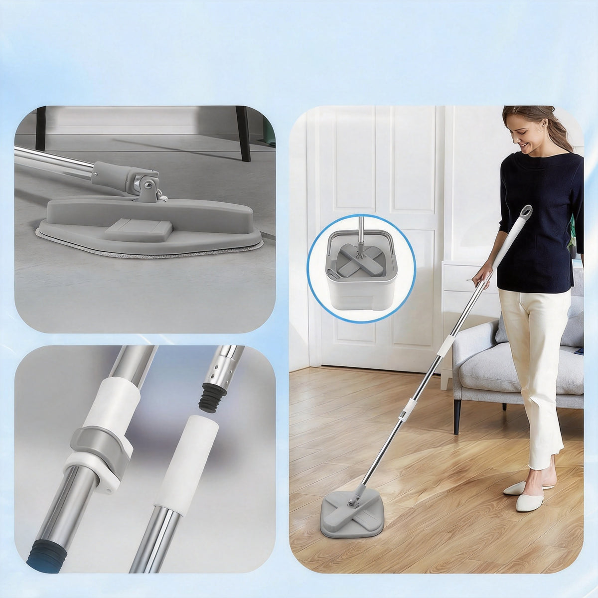 MOP WITH BUCKET WITH SPINNING FUNCTION ADJUSTABLE HEIGHT FOR EVERYONE Product weight with unit packaging 1.46 kg