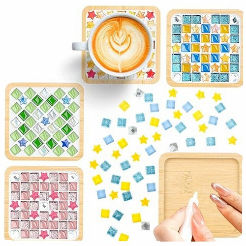 MOSAIC GLASS SET OF 4 BAMBOO COASTERS FOR ADULTS GIFT