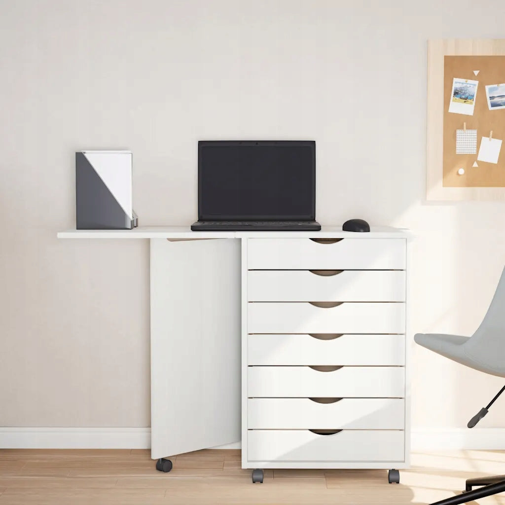 MOSS Mobile Folding Desk Cabinet with 7 Drawers, Solid Pine Wood Furniture color oak
