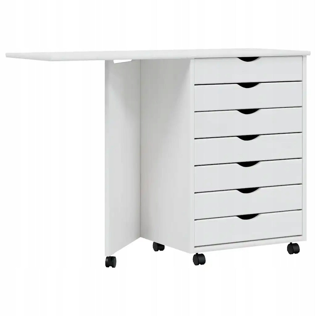 MOSS Mobile Folding Desk Cabinet with 7 Drawers, Solid Pine Wood
