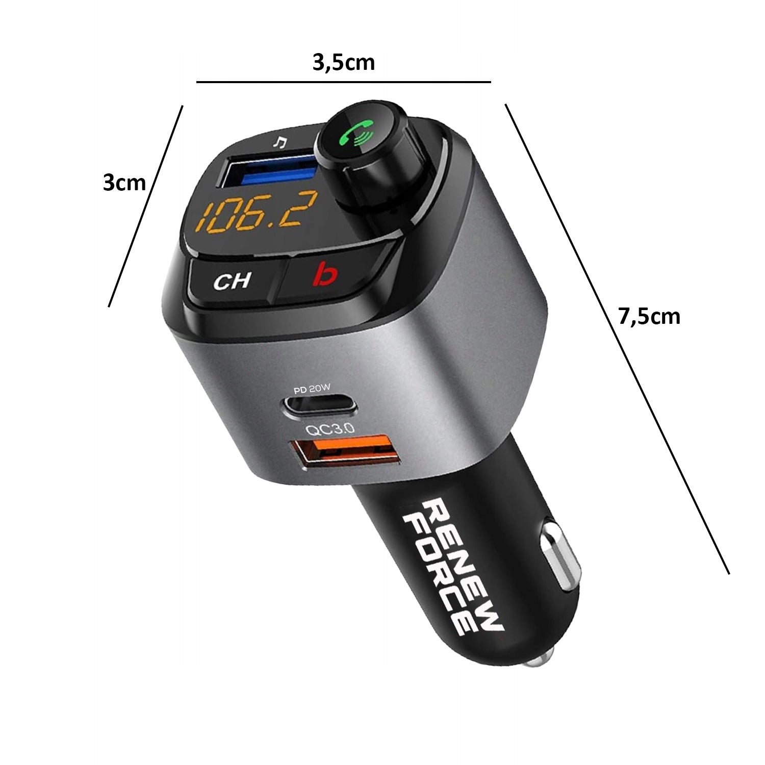 MOST POWERFUL FM Bluetooth Transmitter Car Charger 36W QC3.0 USB-C Manufacturer code TRANSMITER SAMOCHODOWY LED FM RENEW FORCE