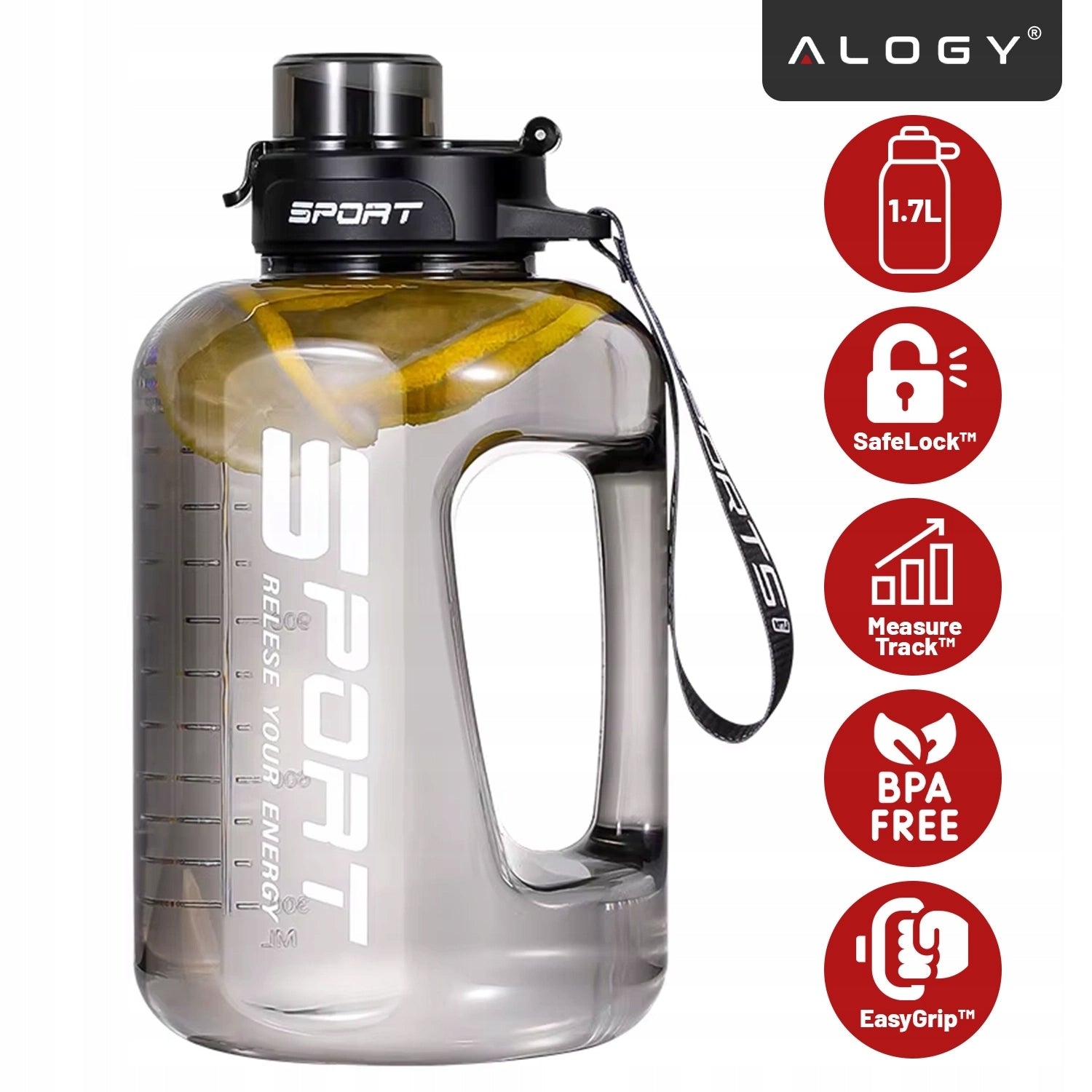 MOTIVATIONAL WATER BOTTLE SPORTS WATER BOTTLE WITH MEASURING CUP FITNESS GYM 1.7L Manufacturer code Butelka Motywacyjna Sportowa 79688