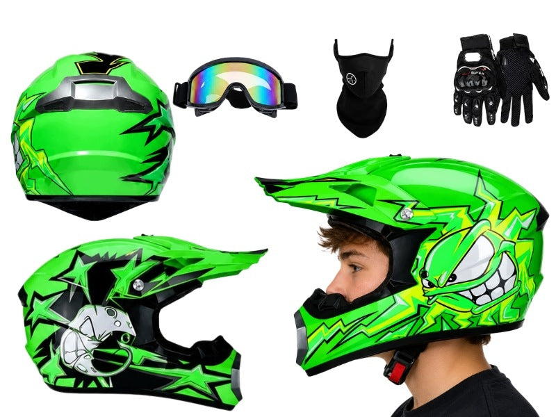 MOTOCROSS CROSS ENDURO HELMET ATV ABS WITH GOGGLES MASK GLOVES GREEN M