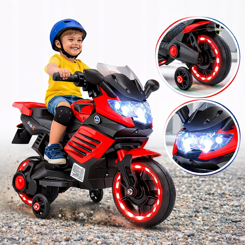 MOTOR FOR CHILDREN Rechargeable MOTORCYCLE Music Horn LED Side Wheels Packaging status original