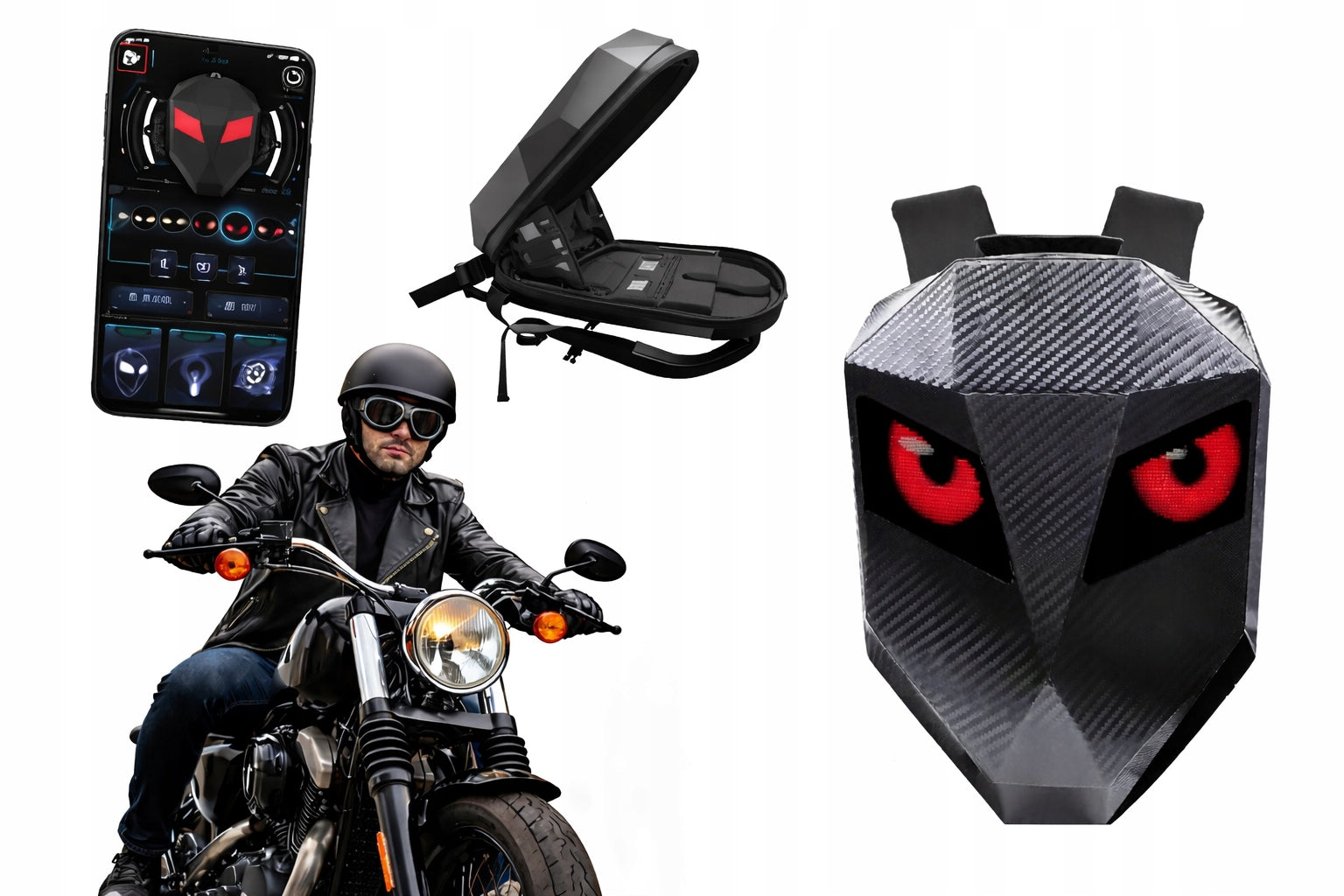 MOTORCYCLE BACKPACK LED WITH DISPLAY WITH EYES BLUETOOTH APP BLACK Packaging status original