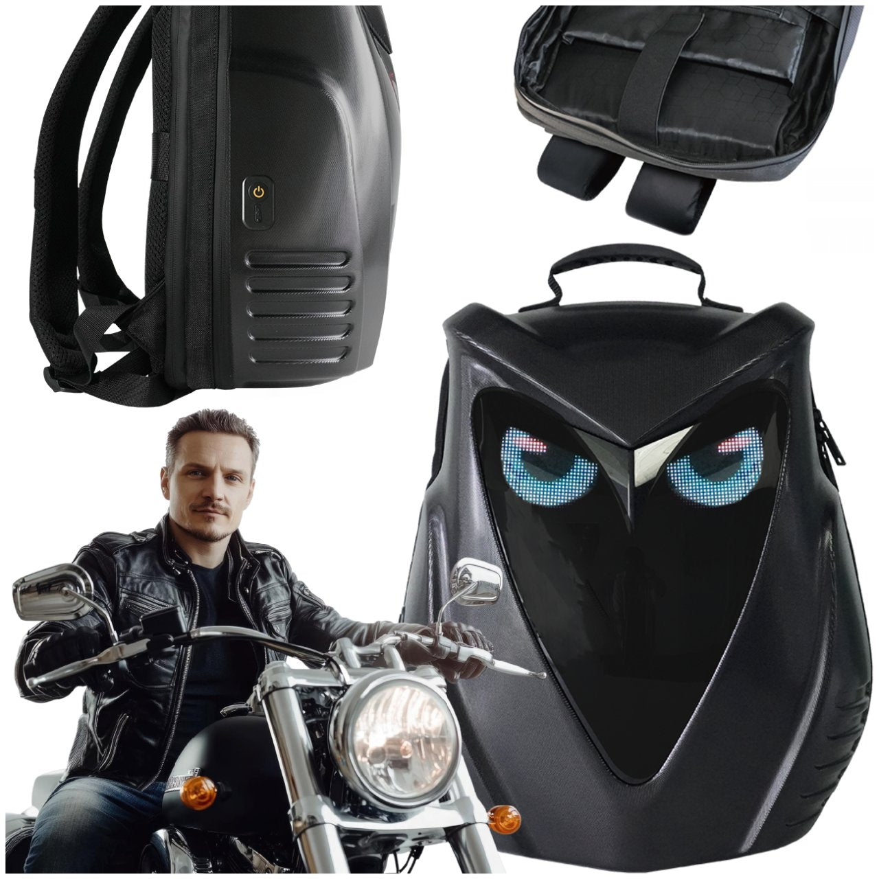 MOTORCYCLE BACKPACK LED WITH DISPLAY WITH EYES BLUETOOTH APPLICATION MAXTA