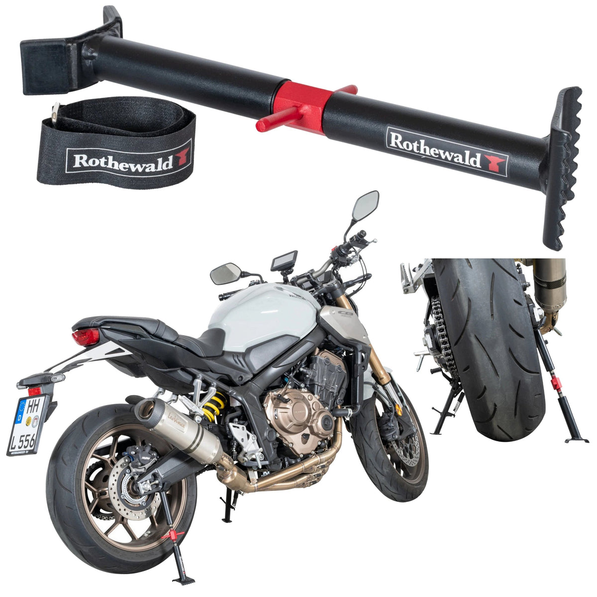 MOTORCYCLE HAND-HELD EMERGENCY LIFT UNDER SWING ARM + BRAKE LOCK