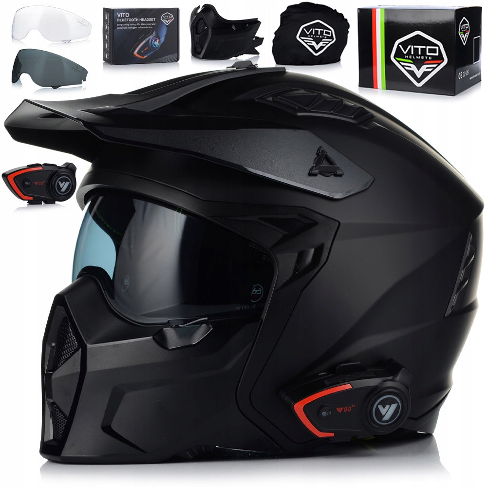MOTORCYCLE HELMET 4in1 VITO PREDATOR MATT DETACHABLE JAW + VISOR +2xBLENDA