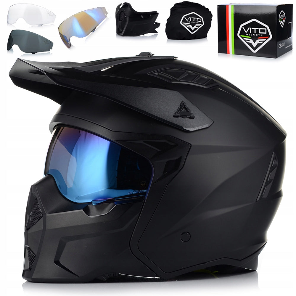 MOTORCYCLE HELMET 4in1 VITO PREDATOR MATT DETACHABLE JAW + VISOR +3x GLASS