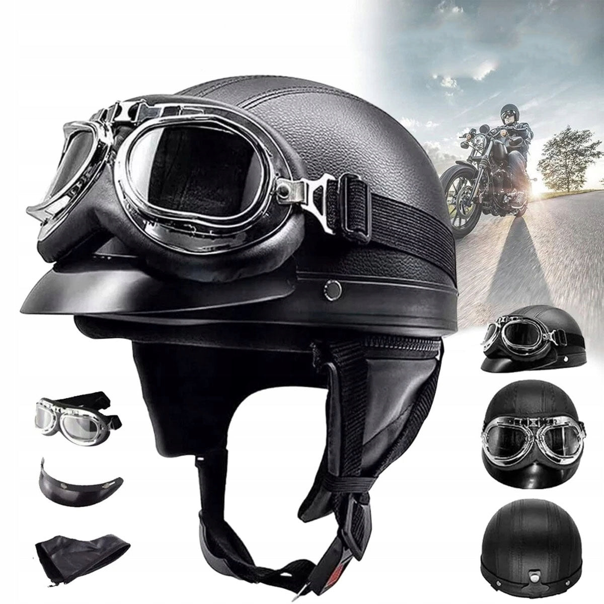 MOTORCYCLE HELMET BLACK RETRO CHOPPER GERMAN VISOR GOGGLES