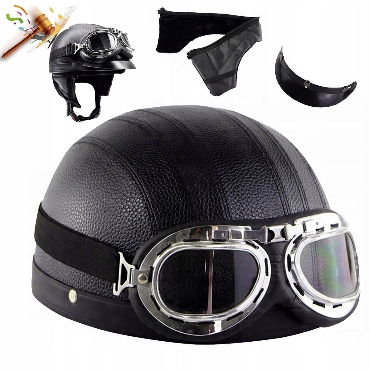 MOTORCYCLE HELMET BLACK RETRO CHOPPER GOGGLES