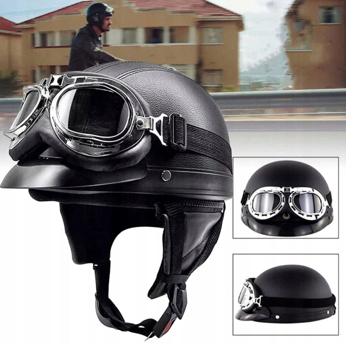 MOTORCYCLE HELMET BLACK RETRO GOGGLES UNIVERSAL