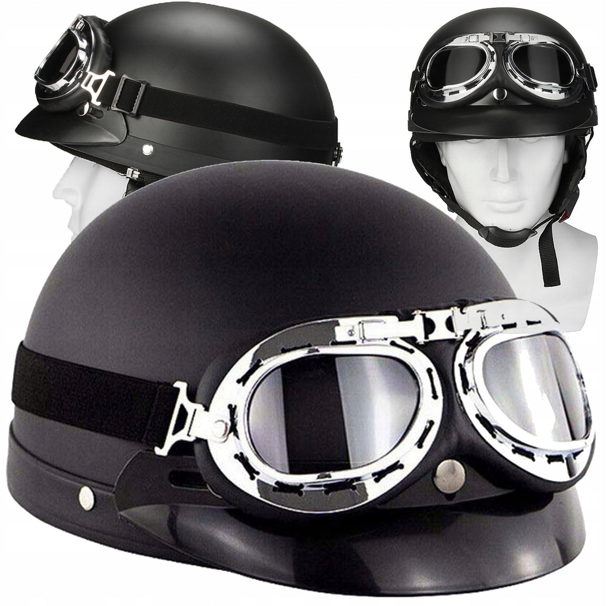 MOTORCYCLE HELMET BLACK RETRO VISOR WITH GOGGLES SET