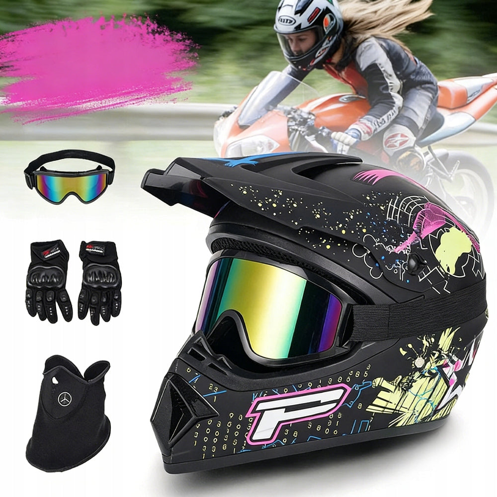 MOTORCYCLE HELMET CROSS LIGHT ENDURO QUAD + GOGGLES + GLOVES + MASK, L Packaging status original