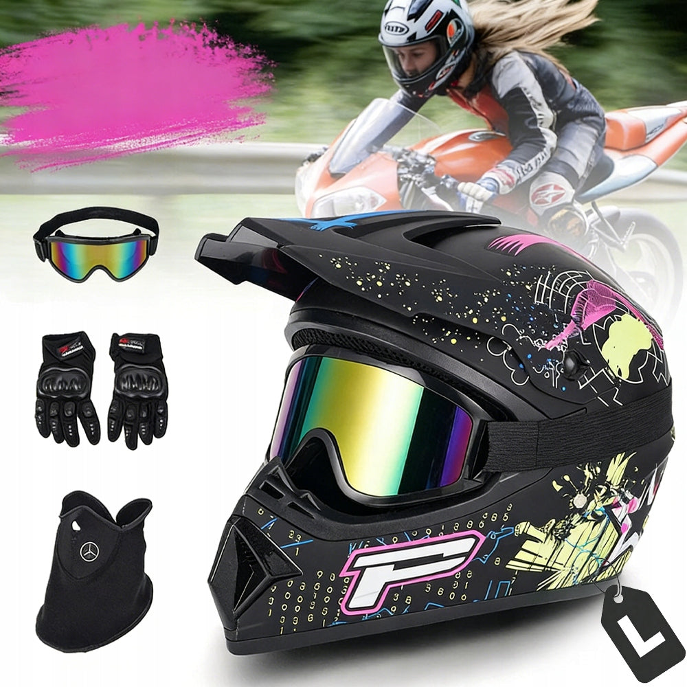 MOTORCYCLE HELMET CROSS LIGHT ENDURO QUAD + GOGGLES + GLOVES + MASK, L