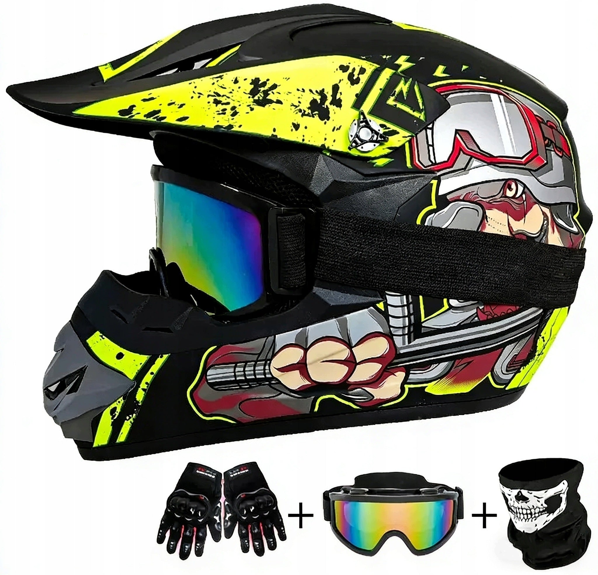 MOTORCYCLE HELMET CROSS LIGHT ENDURO QUAD + GOGGLES + GLOVES XL MASK Packaging status original