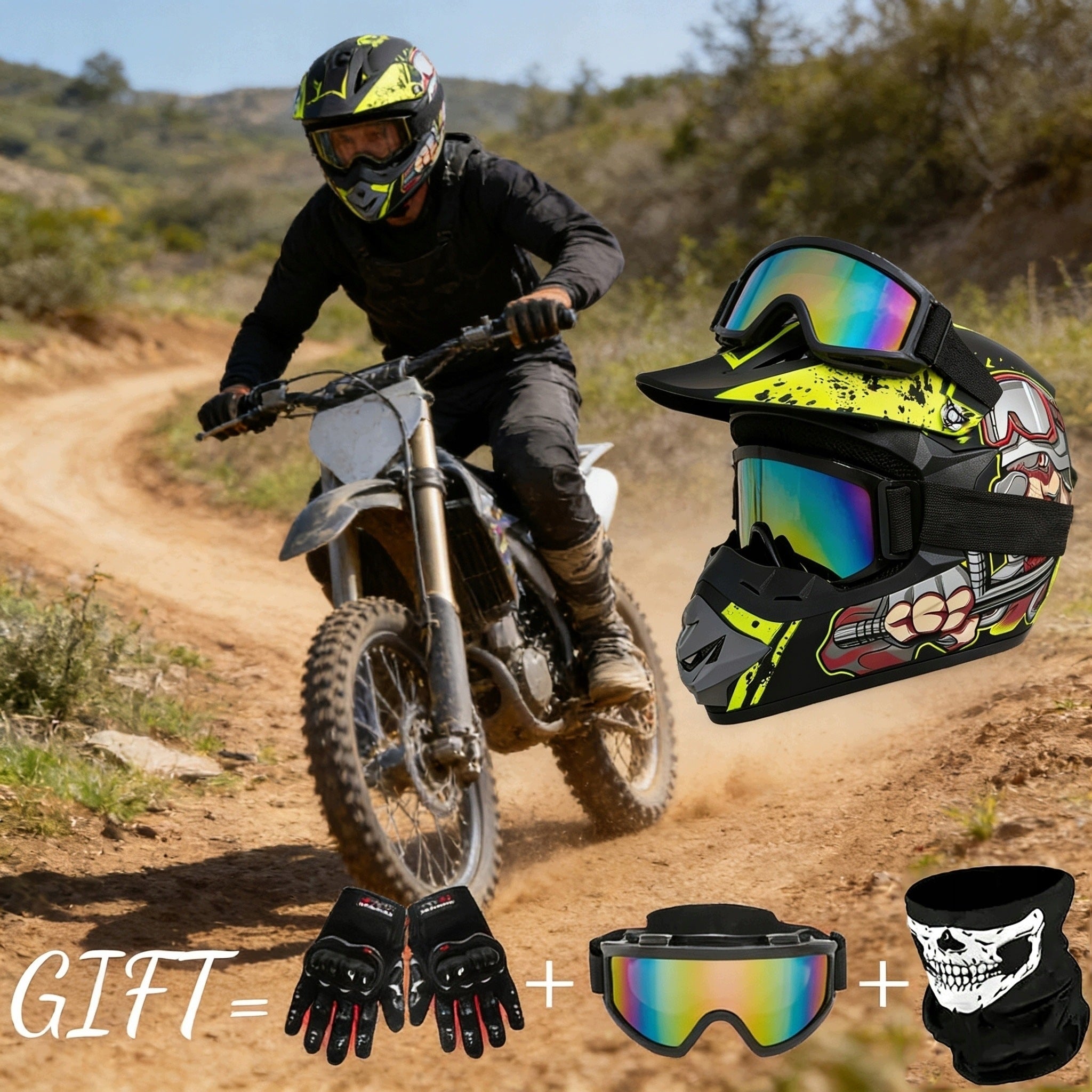 MOTORCYCLE HELMET CROSS LIGHT ENDURO QUAD + GOGGLES + GLOVES XL MASK Size XL