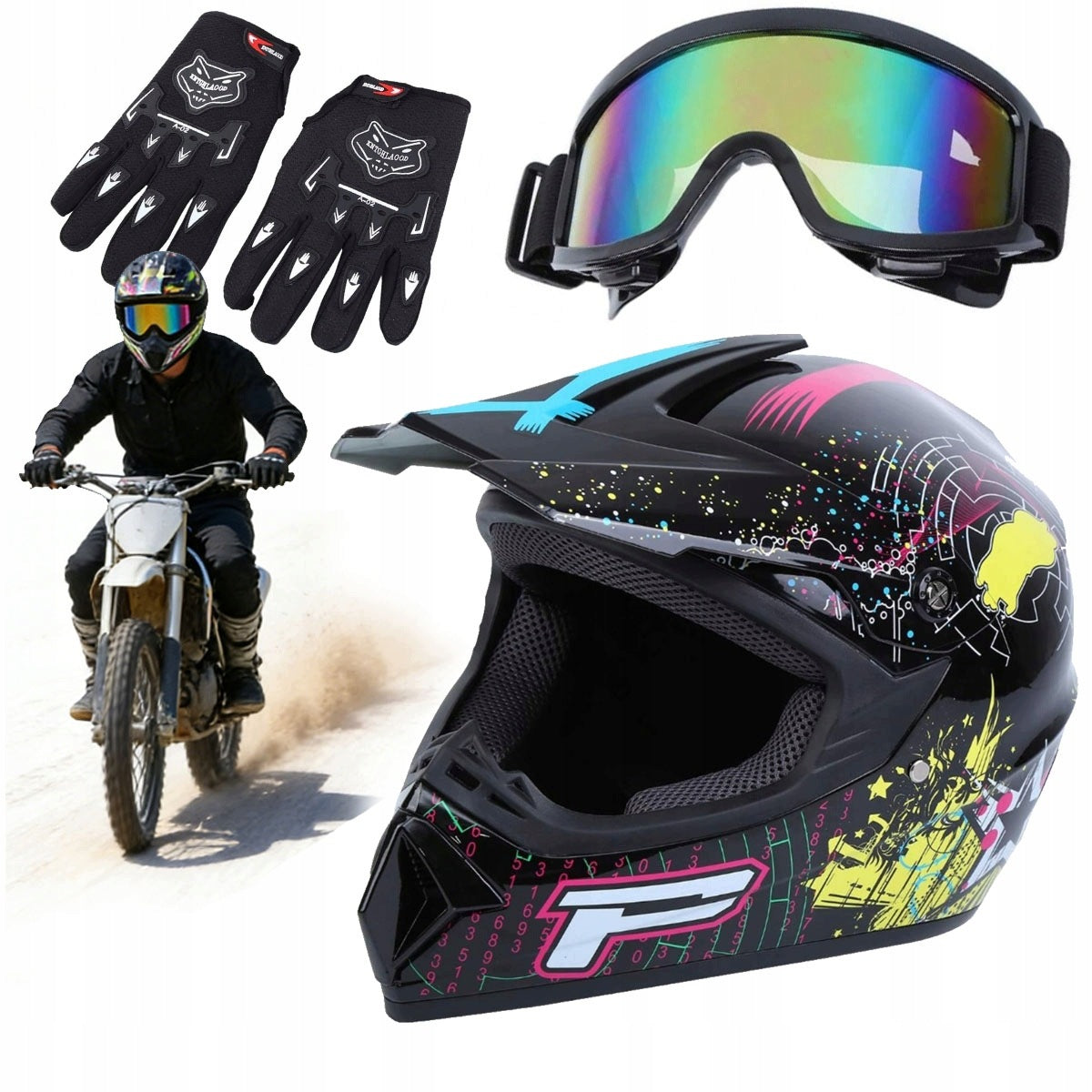 MOTORCYCLE HELMET CROSS LIGHT ENDURO QUAD XL + GOGGLES + GLOVES + MASK