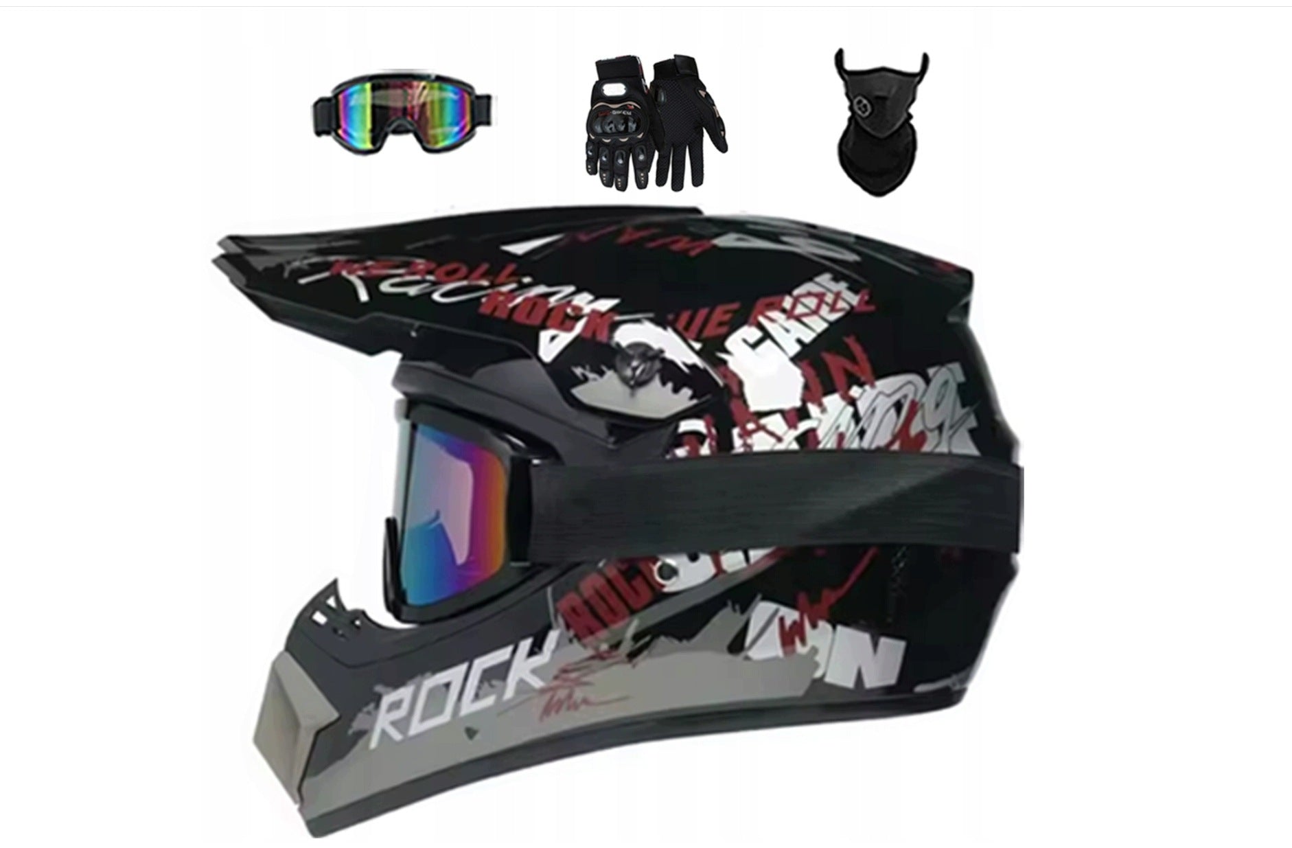 MOTORCYCLE HELMET CROSS LIGHT ENDURO QUADA + GLASSES + GLOVES + XL MASK