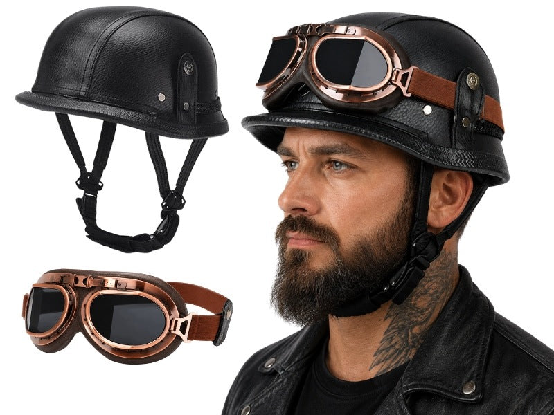 MOTORCYCLE HELMET JET RETRO VINTAGE L 58-59CM GOGGLES UNIVERSAL BLACK LEATHER