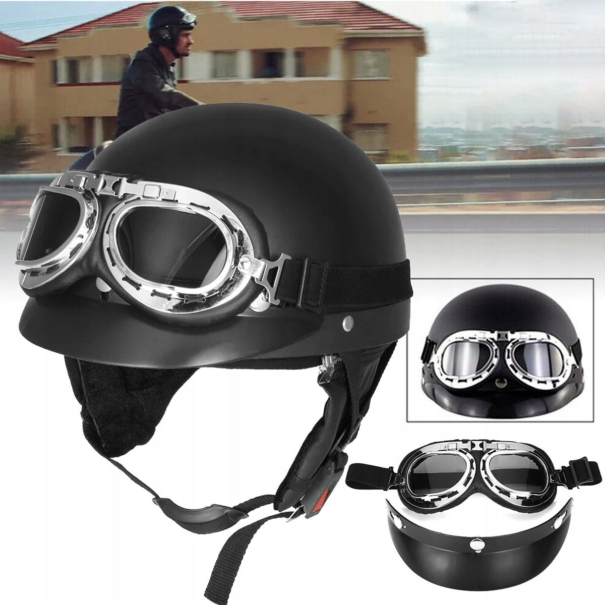 MOTORCYCLE HELMET LEATHER HELMET RETRO PEANUT HELMET BLACK + GOGGLES COMFORTABLE
