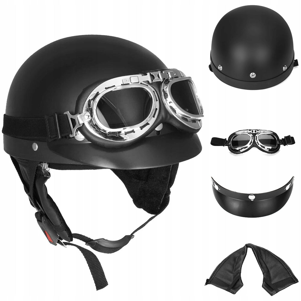 MOTORCYCLE HELMET LEATHER RETRO HARLEY BLACK WITH GOGGLES HIGH QUALITY