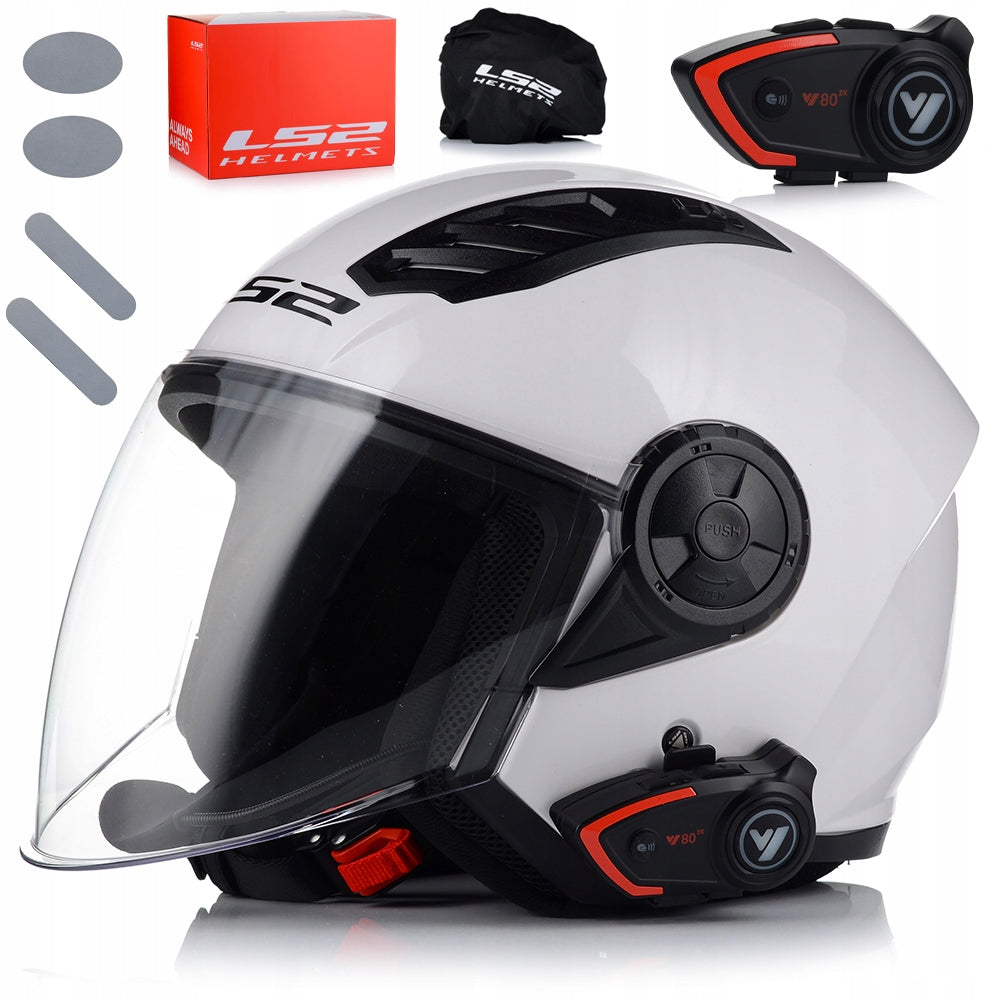 MOTORCYCLE HELMET OPEN LS2 OF616 II WHITE GLOSS + BLUETOOTH INTERCOM