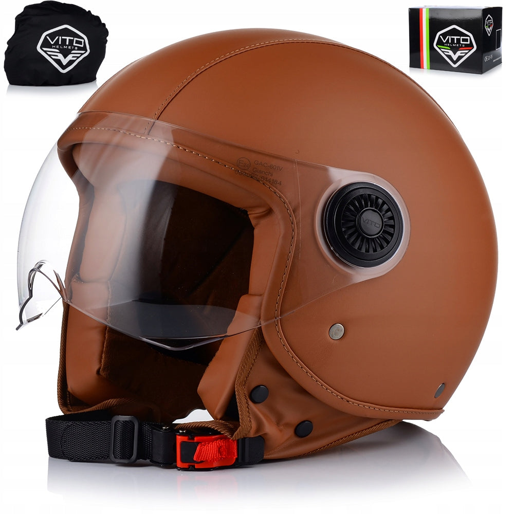 MOTORCYCLE HELMET OPEN | VITO AMSTERDAM | BROWN LEATHER SCOOTER CHOPPER