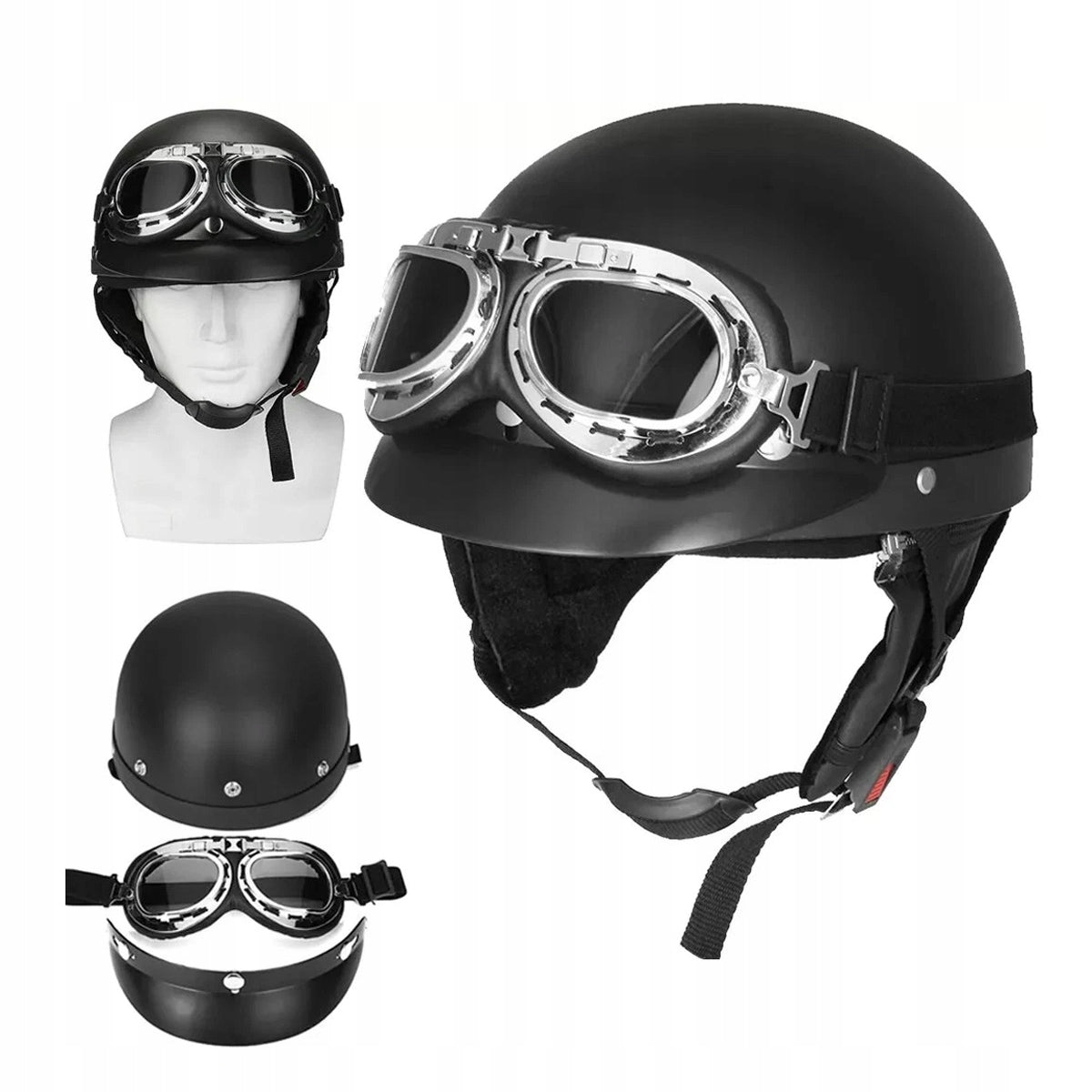 MOTORCYCLE HELMET PEANUT HELMET BLACK GOGGLES RETRO CHOPPER VETERAN