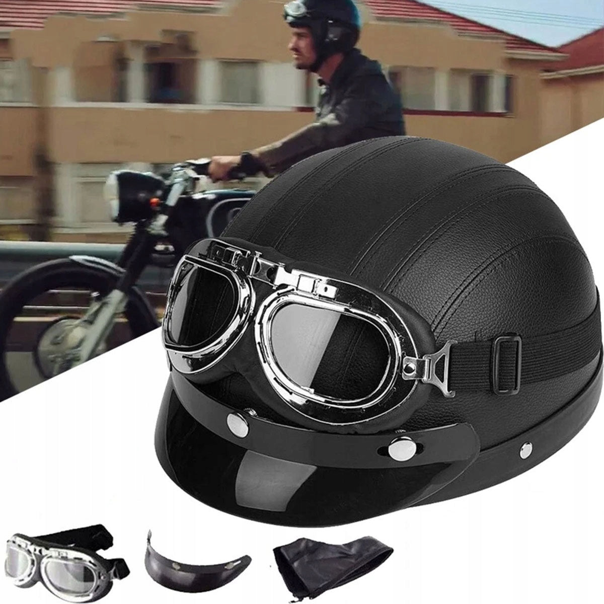 MOTORCYCLE HELMET PEANUT HELMET BLACK RETRO CHOPPER GERMAN VISOR GOGGLES