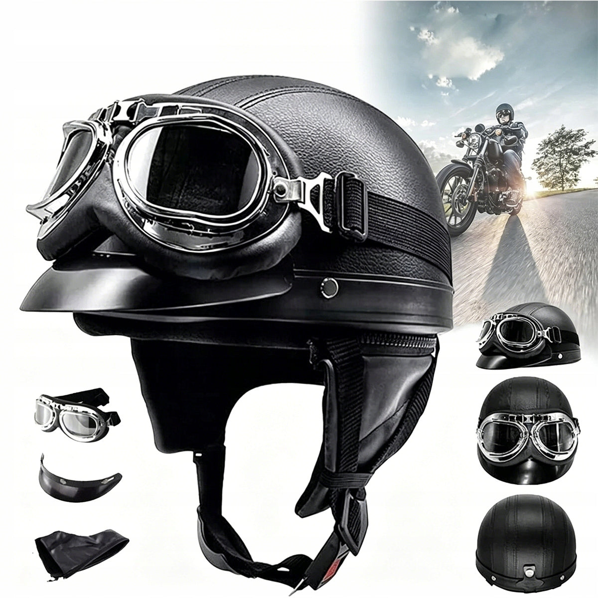 MOTORCYCLE HELMET RETRO CHOPPER GOGGLES REMOVABLE BLACK