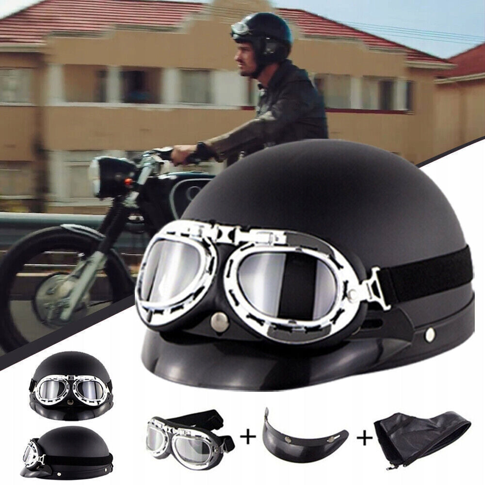 MOTORCYCLE HELMET RETRO GOGGLES BLACK SET