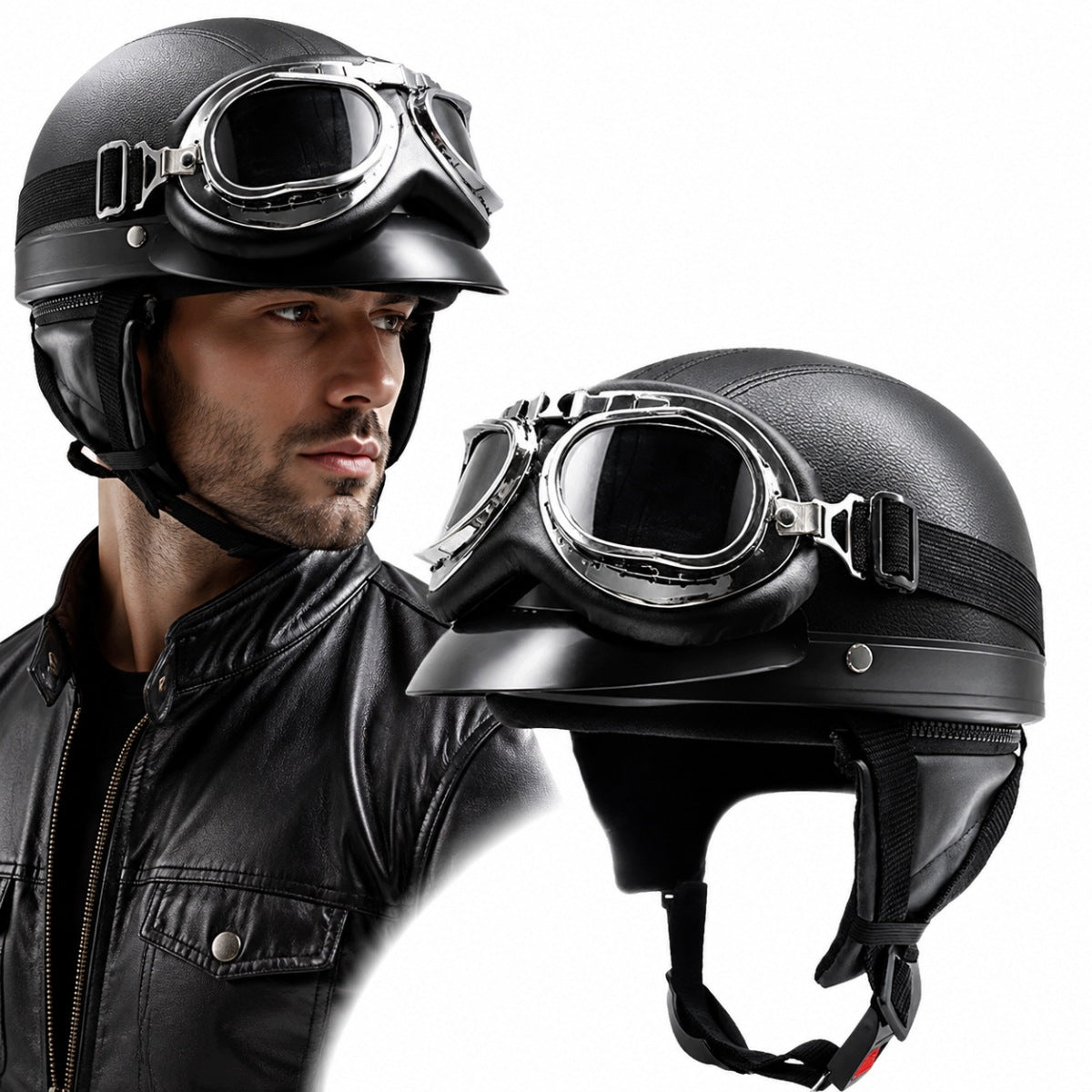MOTORCYCLE HELMET RETRO GOGGLES BLACK
