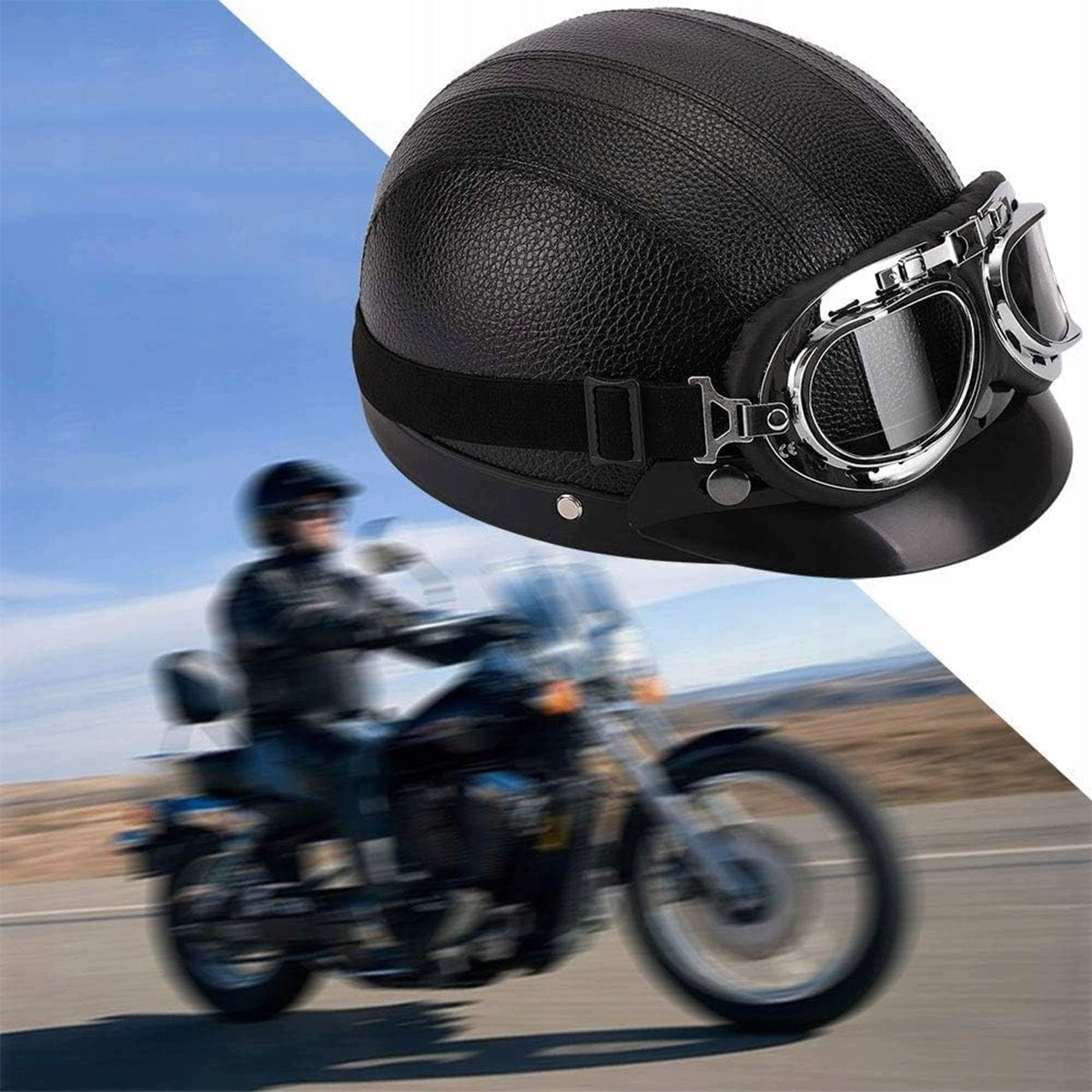 MOTORCYCLE HELMET, RETRO PU LEATHER HELMET WITH HALF SHELL Packaging status original
