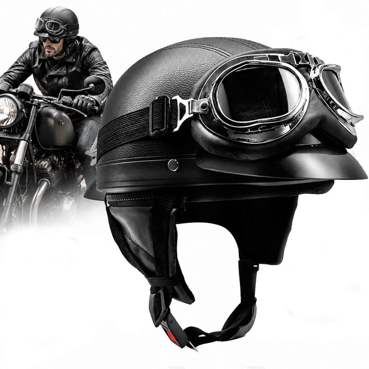 MOTORCYCLE HELMET, RETRO PU LEATHER HELMET WITH HALF SHELL