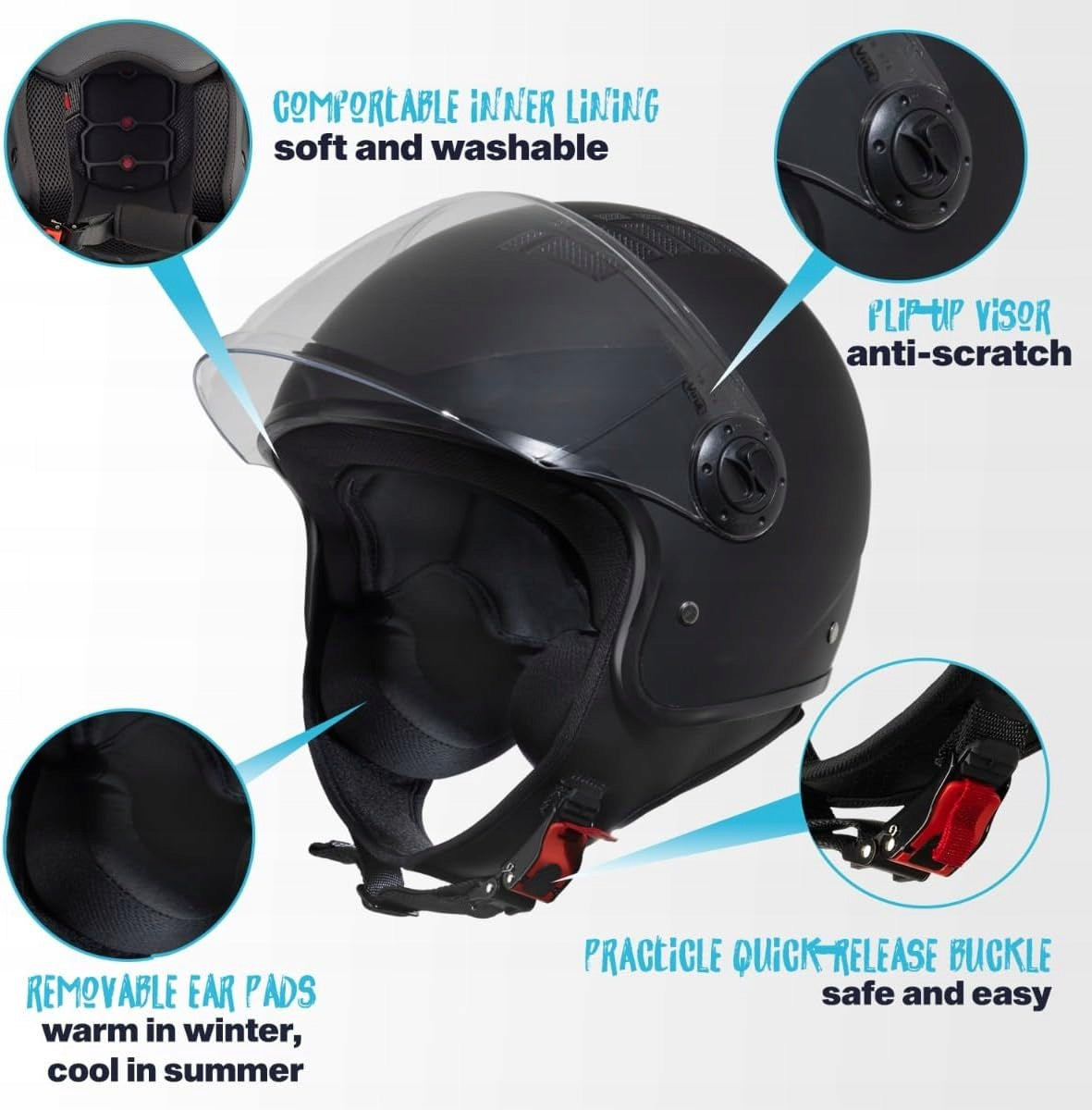 MOTORCYCLE HELMET VINZ SIZE L 59=60CM UNISEX BLACK MAT scooter, moped Model COMO