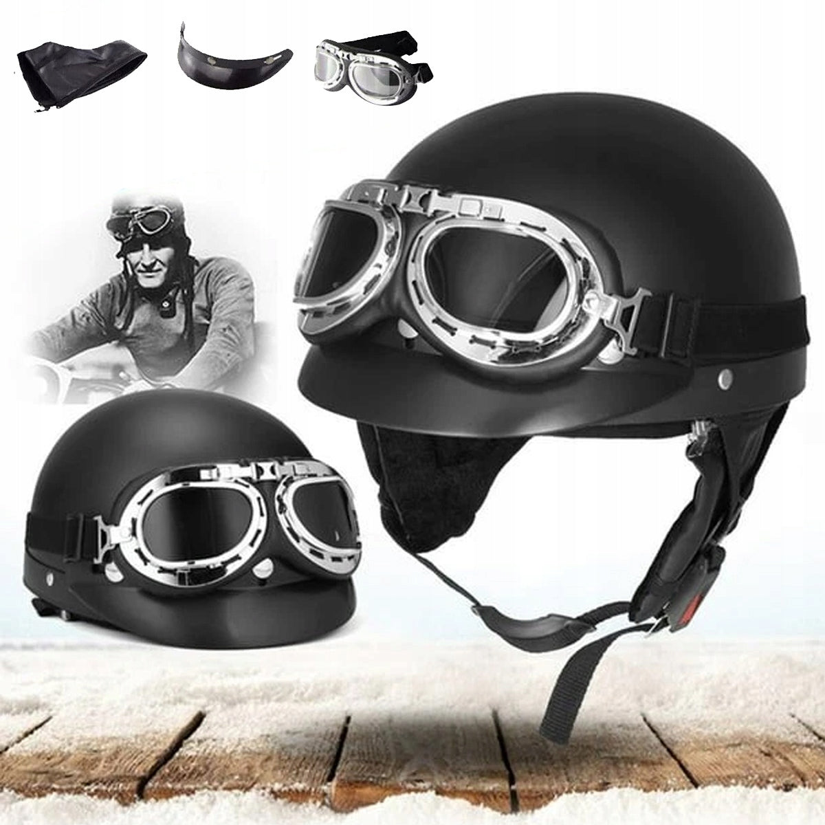 MOTORCYCLE HELMET WITH DETACHABLE GLASS GOGGLES AND SCARF BLACK