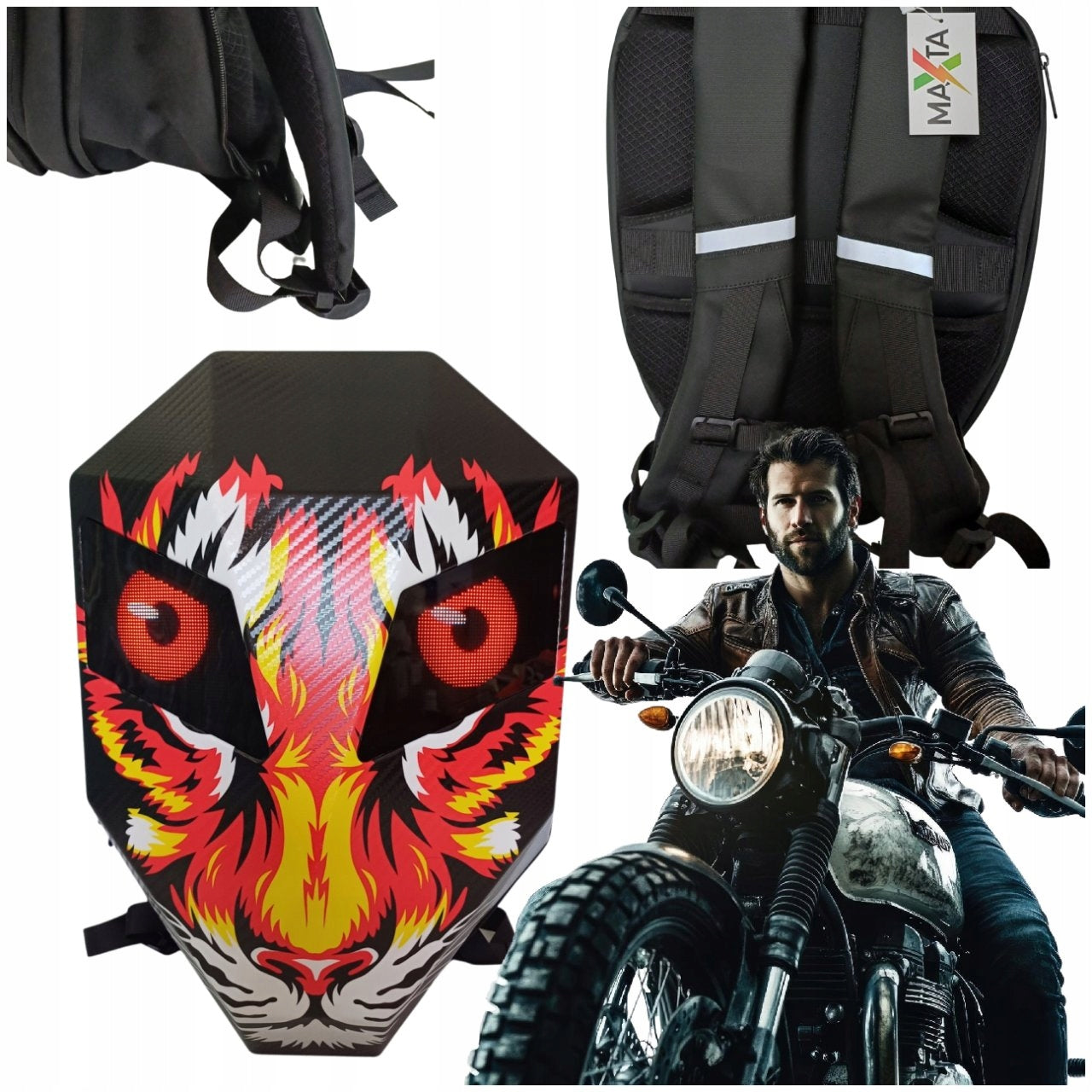 MOTORCYCLE LED BACKPACK WITH TIGER DISPLAY BLUETOOTH APPLICATION MAXTA